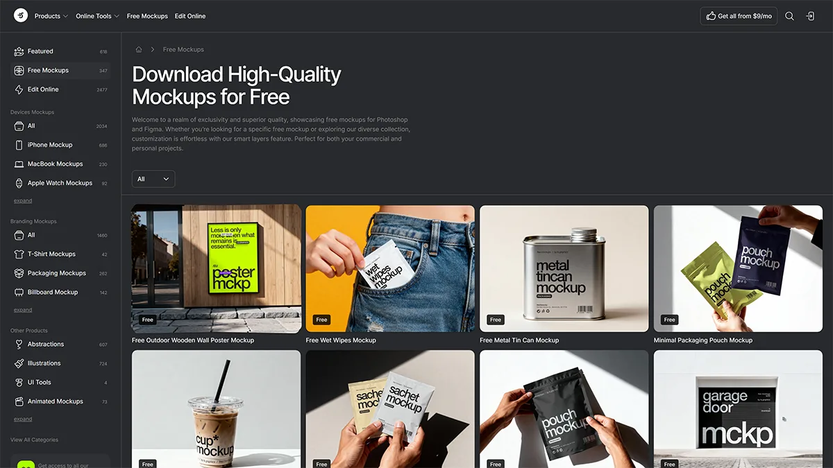 Screenshot of the LS Graphics page with free mockups