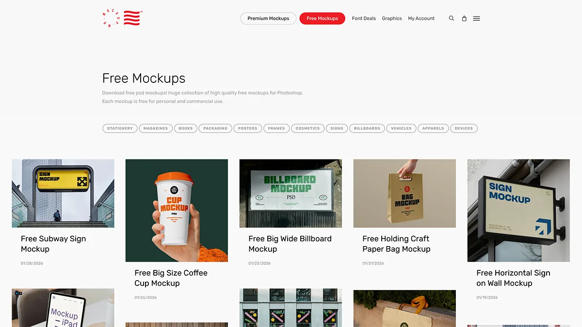 Screenshot of the MrMockup page - a free mockup resource