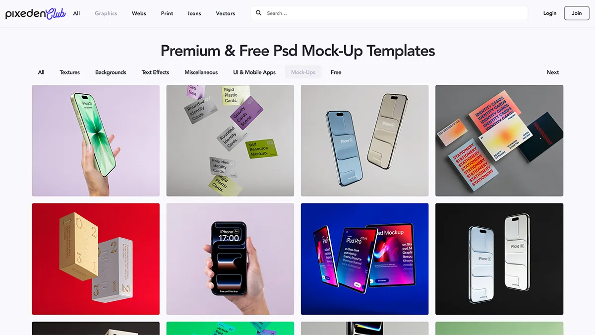 Screenshot of the Pixeden's free mockups section